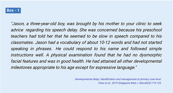 Image illustrating Jason, a three-year-old boy with speech delay. Concerned mother seeking advice due to slower speech development compared to classmates. Vocabulary of 10-12 words, no dysmorphic features, good health.