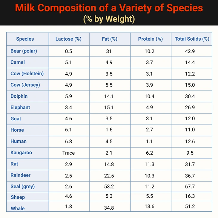 Milk Composition of a Variety of Species