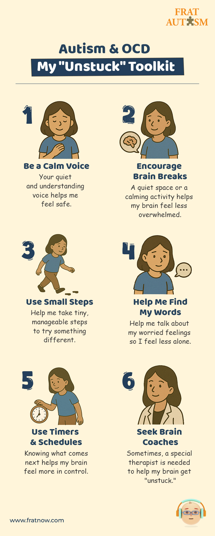 Detailed infographic explaining tools to help manage autism and OCD: a calm voice provides safety, brain breaks reduce overwhelm, small steps encourage progress, expressing feelings prevents isolation, schedules offer control, and brain coaches provide expert help.