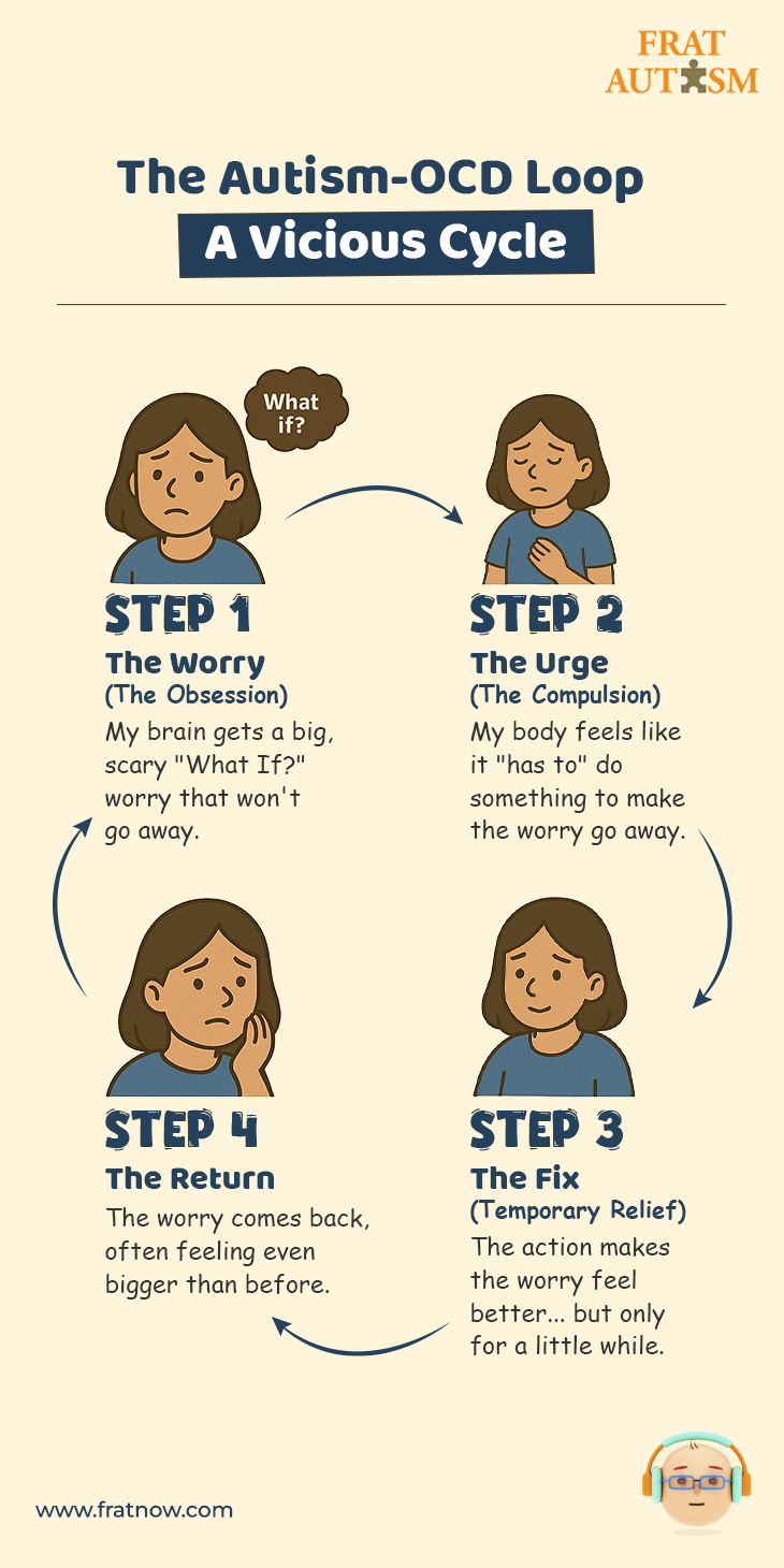 Infographic explaining the Autism-OCD vicious cycle in four steps: the obsessive 'What If?' worry, the compulsion to act to reduce anxiety, the temporary relief from the action, and the eventual return of the worry, creating a repetitive cycle.