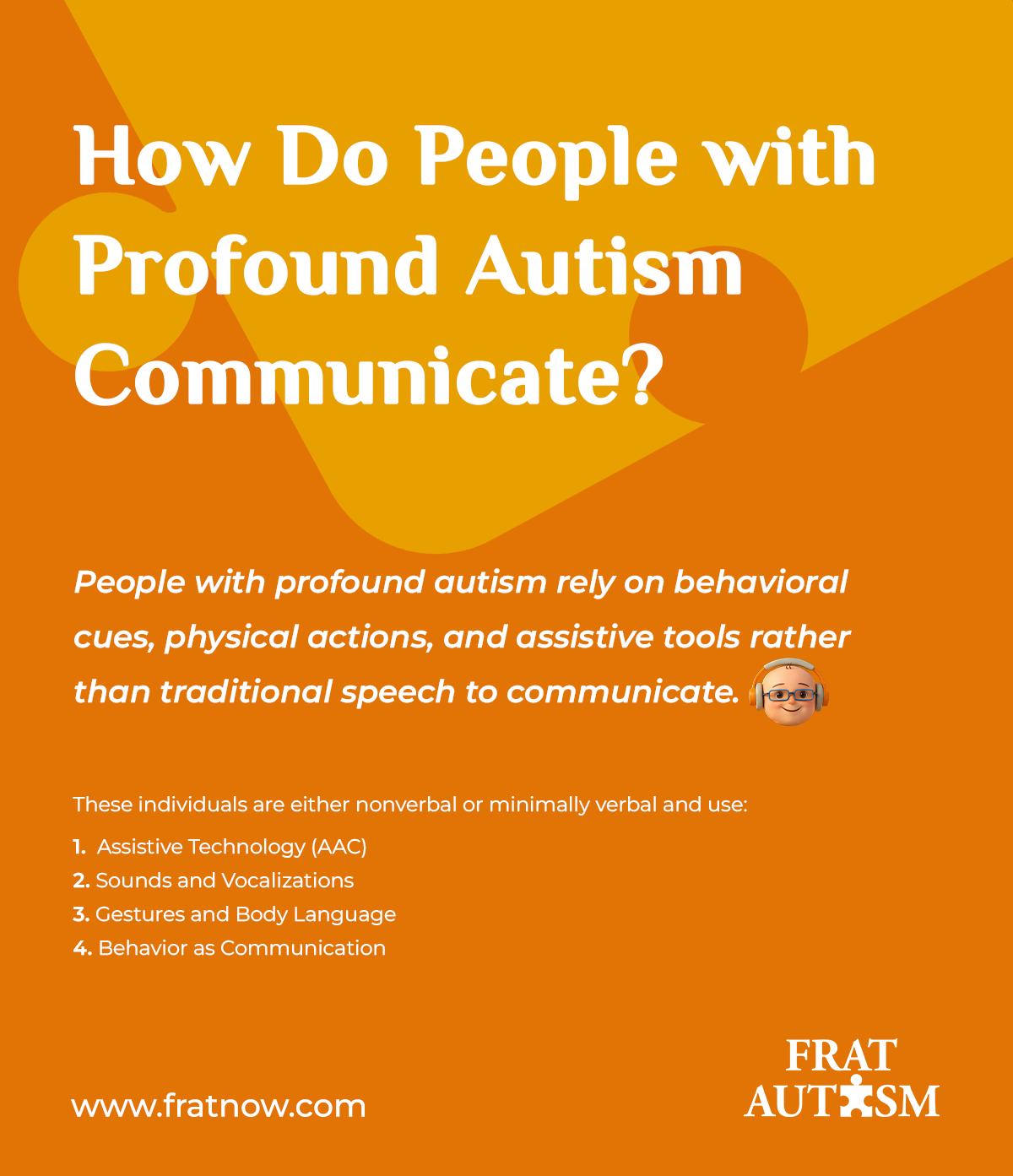Illustration showing how people with profound autism communicate using assistive technology (AAC), gestures, sounds, and behavior. The image highlights common communication methods for nonverbal and minimally verbal individuals with profound autism.
