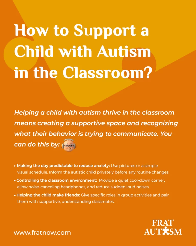 FAQ card explaining how to support a child with autism in the classroom through predictable routines, sensory-friendly accommodations, and social inclusion strategies.
