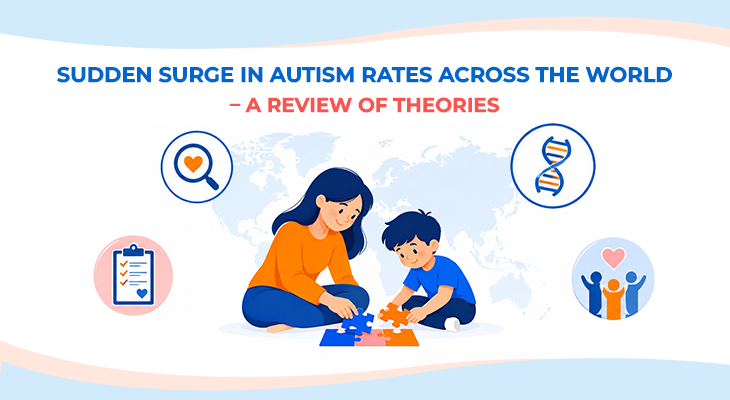 Infographic explaining the increase in autism spectrum disorder (ASD) prevalence worldwide, highlighting diagnostic expansion, improved screening, genetic influences, environmental exposures, and neurodevelopmental research theories.
