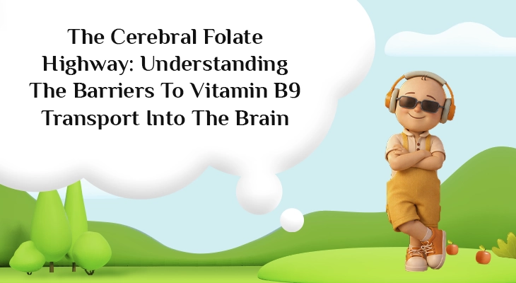Medical illustration of vitamin B9 (folate) transport into the brain through the blood-brain barrier and choroid plexus, showing the roles of folate receptor alpha (FRα), proton-coupled folate transporter (PCFT), and reduced folate carrier (RFC). The diagram highlights how FOLR1, SLC46A1, and SLC19A1 gene mutations, folate receptor autoantibodies, mitochondrial dysfunction, oxidative stress, medications, and metabolic disorders disrupt 5-methyltetrahydrofolate (5-MTHF) transport, leading to cerebral folate deficiency (CFD).