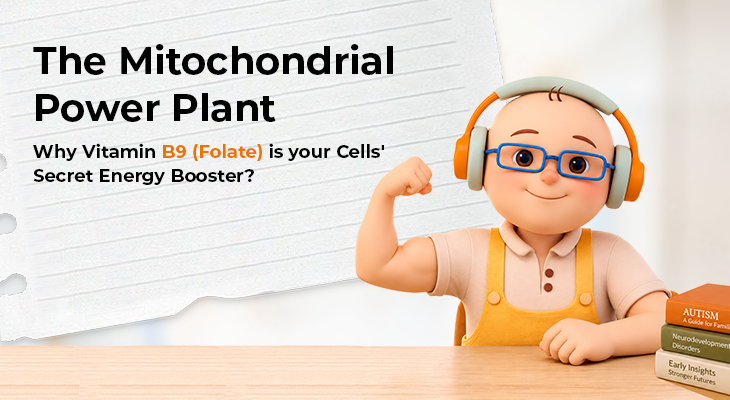 The Mitochondrial Power Plant -Why Vitamin B9 (Folate) is Your Cells’ Secret Energy Booster Illustration showing Vitamin B9 (folate) supporting mitochondrial function, cellular energy production, and healthy cells.