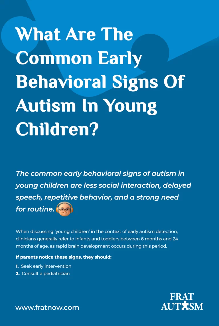 What Are The Common Early Behavioral Signs Of Autism In Young Children? Early behavioral signs of autism in young children FAQ card showing key signs by age group and guidance for parents.