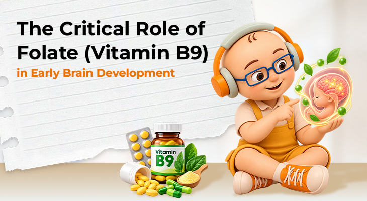 Illustration of folate (vitamin B9) supporting fetal brain development, neural tube formation, neurogenesis, and cognitive development.